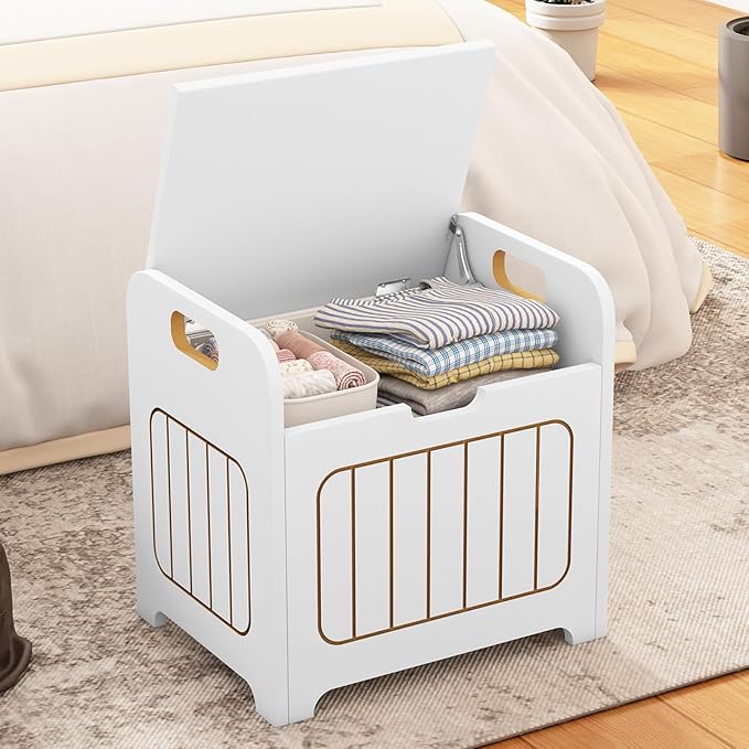 White Wooden Storage Chest, Small Cube Storage Box Organizer with Handles, Storage Bin for Books and Clothes, Square Side Table for Entryway, Living Room or Bedroom
