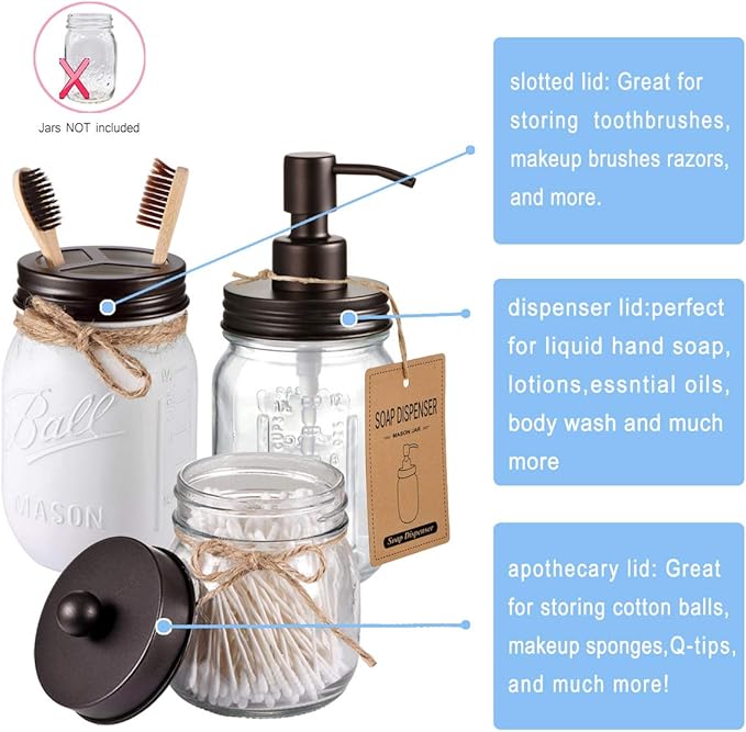 Mason Jar Bathroom Accessories Lids Set(4pcs) - Jar Not Included - Soap Dispenser,Toothbrush Holder, Apothecary Jars Lids for Regular Mouth Mason Jars - Rustproof Stainless Steel，Bronze