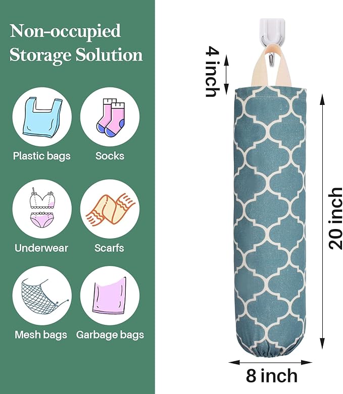 Plastic Bag Holder, Washable Grocery Bag Holder for Plastic Bags, Durable Plastic Bag Storage Dispenser with Hanging Loop, Wall Mount Trash Bag Dispenser for Home Kitchen Cabinet (Dark Green)