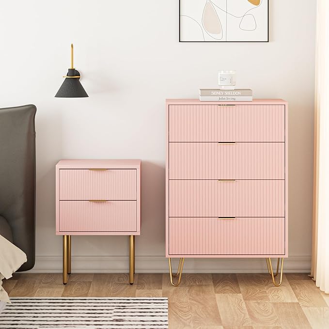 Masupu 4 Drawer Dresser, Drawer Chest, Tall Storage Dresser Chest Cabinet Organizer Unit with Gold Metal Legs, Nightstand for Bedroom, Living Room, Closet, Hallway Pink Stripe