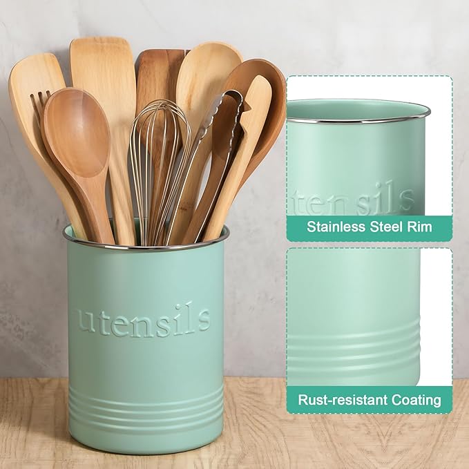 2 Pack Kitchen Utensil Holder for Counter 6.7"+4.7" Farmhouse Cooking Utensil Crock with Cork Bottom Modern Farmhouse Decors Countertop Storage Organizer Caddy Housewarming Gift(Sage Green)