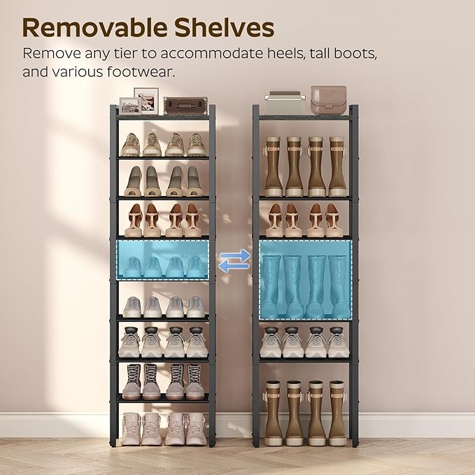 8-Tier Narrow Shoe Rack, Tall Shoe Rack for 8-16 Pairs, Slim Shoe Storage Organizer with Wooden Top, Space Saving, Metal Frame, for Entryway, Charcoal and Black SS608BC