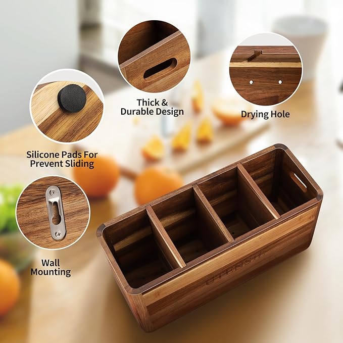Acacia Wood Utensil Holder for Kitchen Counter, 4 Compartment Farmhouse Heavy-Duty Flatware Caddy & Silverware Organizer - Large Kitchen Decor for Spoons, Forks, Parties, Coffee Bar & RV