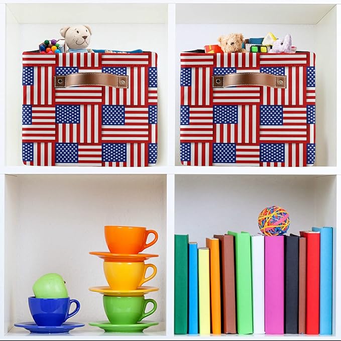 Large Storage Basket American Flag Foldable Storage Box Organizer Bins with Handles for Bedroom Home Office