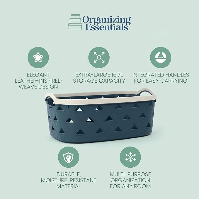 Extra-Large Plastic Storage Basket with Handles – Blue & Cream Decorative Bin for Bathroom, Living Room, or Laundry – Designer Leather Pattern Organizer Basket, 16.7L