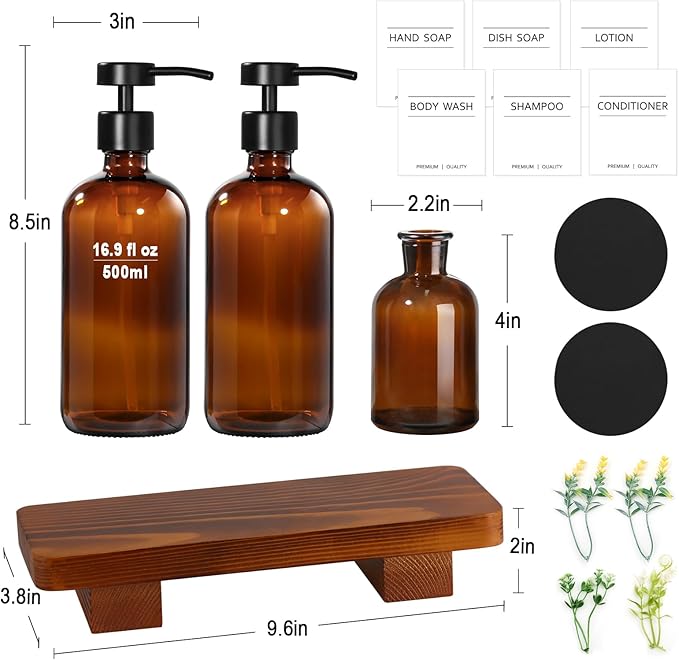 Amber Glass Soap Dispenser with Upgraded Flat Pump, Dish Soap Dispenser for Kitchen, Hand Soap Dispenser for Bathroom, Decorative Vase & Wood Riser Bathroom Decor(Amber02)