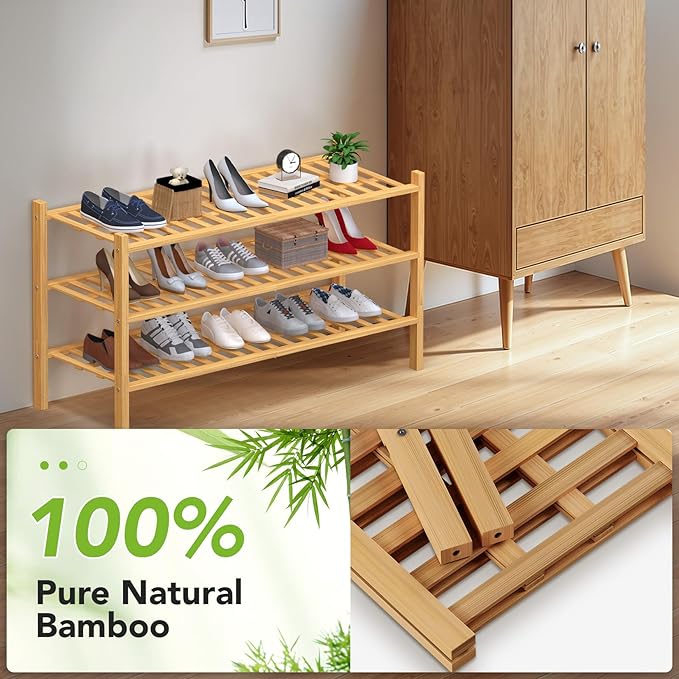 Haddockway Long 3 Tier Bamboo Shoe Rack Storage Organizer,Multifunctional Free Standing Stackable Shoe Shelf with Grid Panel for Closet,Hallway,Entryway,Small Space 34.2"x11"x20"