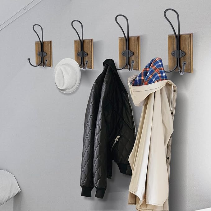 Wall Hooks for Hanging, 2 Pack Farmhouse Towel Hooks for Bathrooms Wall Mounted, Heavy Duty Rustic Decorative Wood Coat Hooks Hanging Keys Robe Hat for Bedroom, Kitchen,(Weathered Brown)