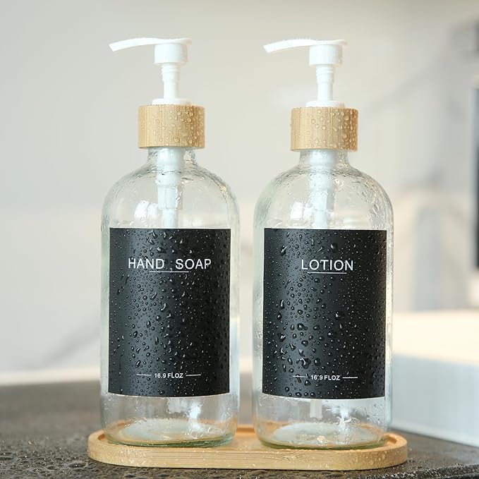 Clear Glass Soap Dispenser with Bamboo Pumps&Tray&Labels, Hand Dispenser, Lotion Dispenser, Dish Soap Dispenser for Kitchen Sink. (Clear)