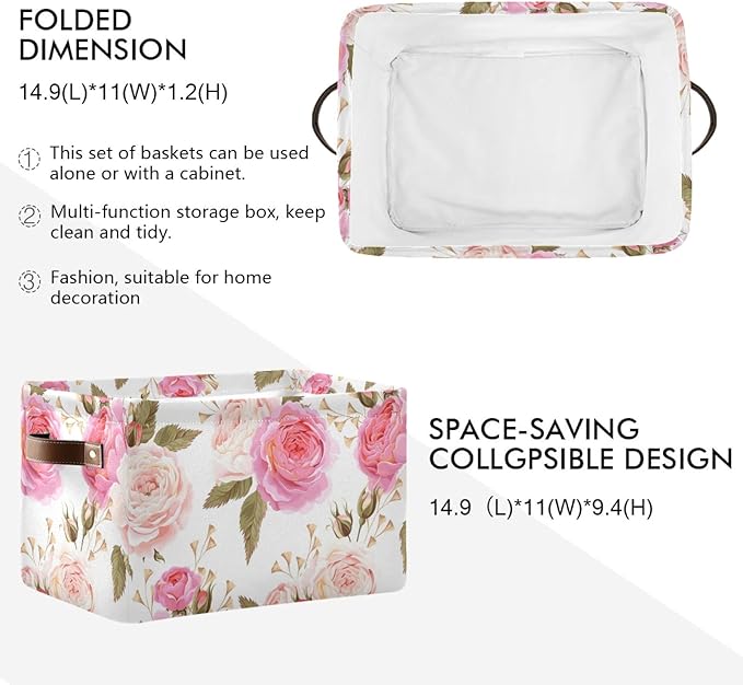 susiyo Large Foldable Storage Bin, Floral Pink Roses Fabric Storage Baskets for Shelves, Closet Organizer Bins, Decorative Baskets Clothes Storage Bin with PU Handles -2Pack