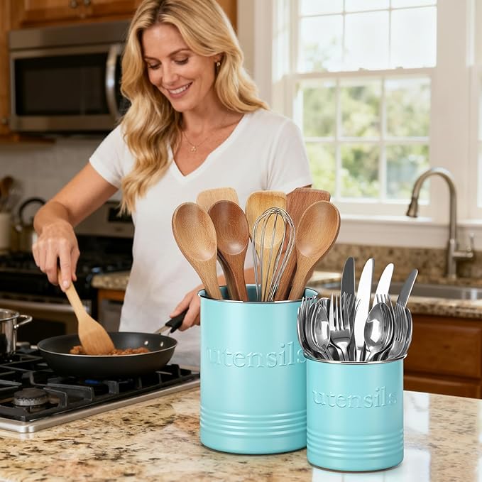 2 Pack Kitchen Utensil Holder for Counter 6.7"+4.7" Farmhouse Cooking Utensil Crock with Cork Bottom Modern Farmhouse Decors Countertop Storage Organizer Caddy Housewarming Gift(Turquoise)