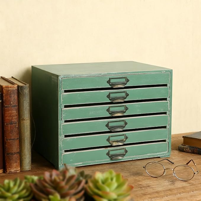 Vintage Wooden Storage Box Desktop Organizer Cabinet with 6 Drawers Rustic Farmhouse Distressed Decor Jewelry Cosmetics Craft Paper Small Tool Library Card Catalog Cabinet for Home Office Desk Green