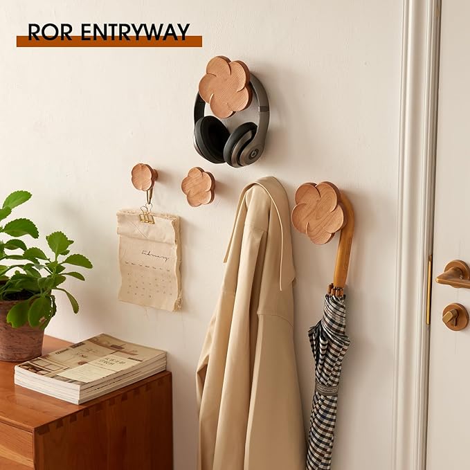 Cherry Wood Wall Hooks Flower-Shaped Wooden Coat Rack Wall Mount, Handcraft Coat Hooks Heavy Duty Entryway Wall Hangers for Hanging Hats, Bags, Clothes Decorative Hook (Diameter 12cm, Pack of 1)