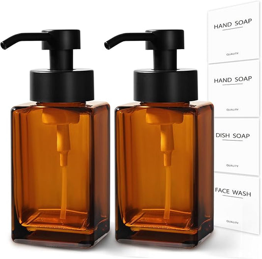 Foam Hand Soap Dispenser, 12oz/350ml Amber Foaming Soap Dispenser Set, 2Pcs Amber Glass Foam Dispenser with Foaming Pump, Labels, Refillable Square Dispenser for Bathroom, Kitchen