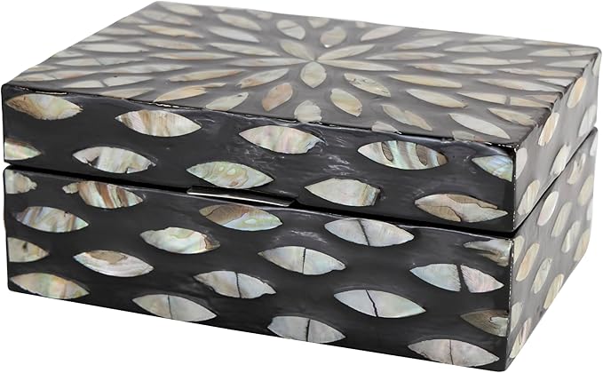 Deco 79 Mother of Pearl Shell Decorative Box Geometric Floral Decorative Keepsake Boxes with Beige Accents, Set of 2 Storage Boxes 12", 8"W, Black