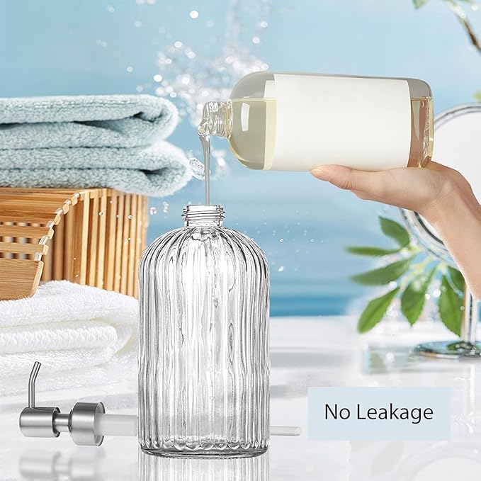 14Oz Clear Soap Dispenser Bathroom - 2 Pack, Clear Glass Hand Soap Dispensers with Stainless Steel Pump, Refillable Dish Soap Dispenser for Kitchen, Countertop Soap Dispensers