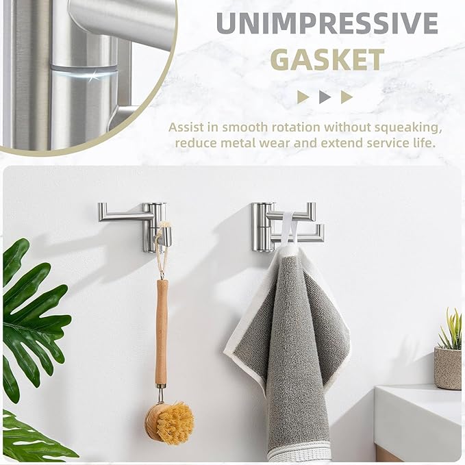 Suyar Brushed Nickel Double Towel Hook, SUS304 Stainless Steel Swivel Wall Hook with 2 Arms, Foldable Robe Coat Hanger for Bathroom, 2 Pack
