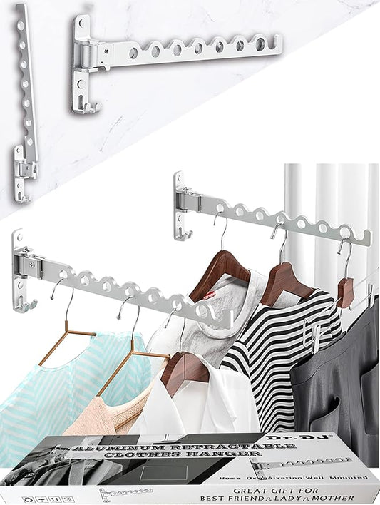 Dr.DJ Wall Mount Coat Hanger Holder Silver Clothes Drying Organizer Rack Garment Hooks Aluminium Retractable Folding Indoor Wall Mounted Hanger Space Saver for Laundry Room Bedroom (2 Racks) Silver