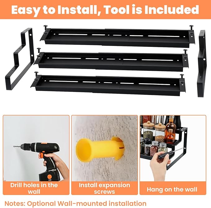 Spice Rack Organizer for Cabinet, Expandable 3 Tiered Spice Rack, Metal Spices Organizer, Display Shelf Organizers for Cabinet, Countertop, Pantry, Cupboard (Black)