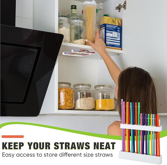 Baderke Straw Holder for Cabinet Reusable Straw Organizer with Double Sided Adhesive Tape Screws Storage Container for Kitchen Counter Cupboard (White,Novel)