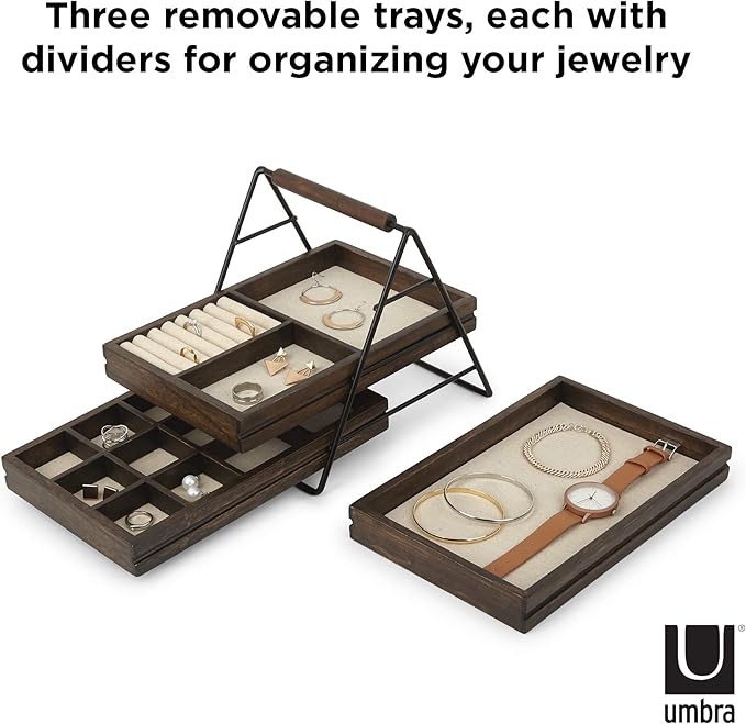Umbra 1004037-048 Terrace Jewelry Tray â Three-Tier Jewelry Tray With Three Sliding Linen Lined Wood Trays With Metal Frame and Handle, Easy Storage and Access, Black/Walnut Finish
