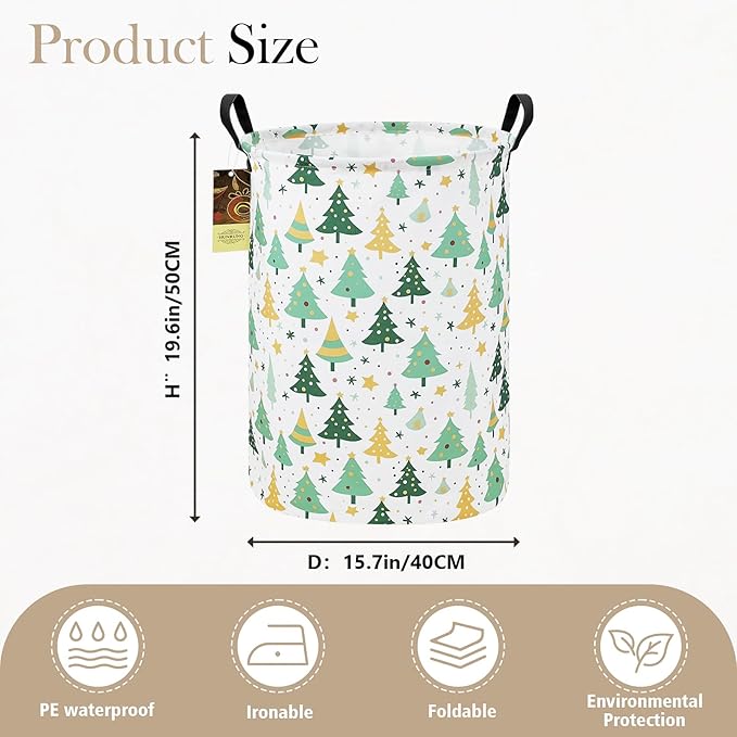 HUNRUNG Laundry Hamper,Large Canvas Fabric Lightweight Storage Basket Toy Organizer Dirty Clothes Collapsible Waterproof for College Dormsï¼Round-Green treeï¼