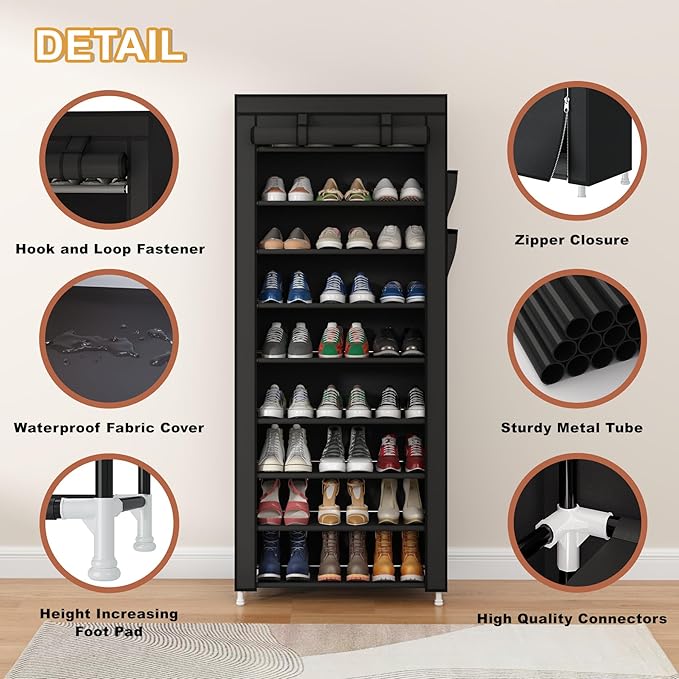 Calmootey 9 Tier Shoe Rack Organizer,Portable Shoe Shelf with Nonwoven Fabric Cover for Closet Hallway,Bedroom,Entryway,Black | Organizer, for Closet, Hallway, Bedroom, Entryway