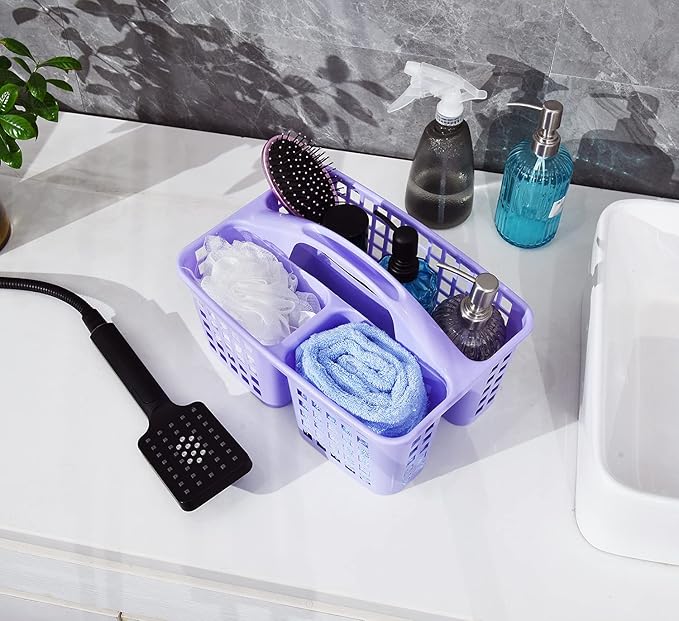 ALINK Plastic Shower Caddy Basket with Compartments, Portable Divided Cleaning Supply Storage Organizer with Handle for College Dorm Bathroom - Purple