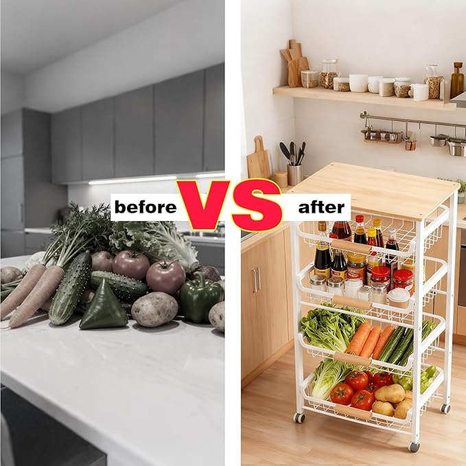3-Layer Fruit Basket Kitchen Food Organizer and Rack Rolling Pantry Kitchen Cart On Wheels with Wood Top Table,Pull-Out Hollow Metal Basket for Sorting Spice Snacks Vegetables,White
