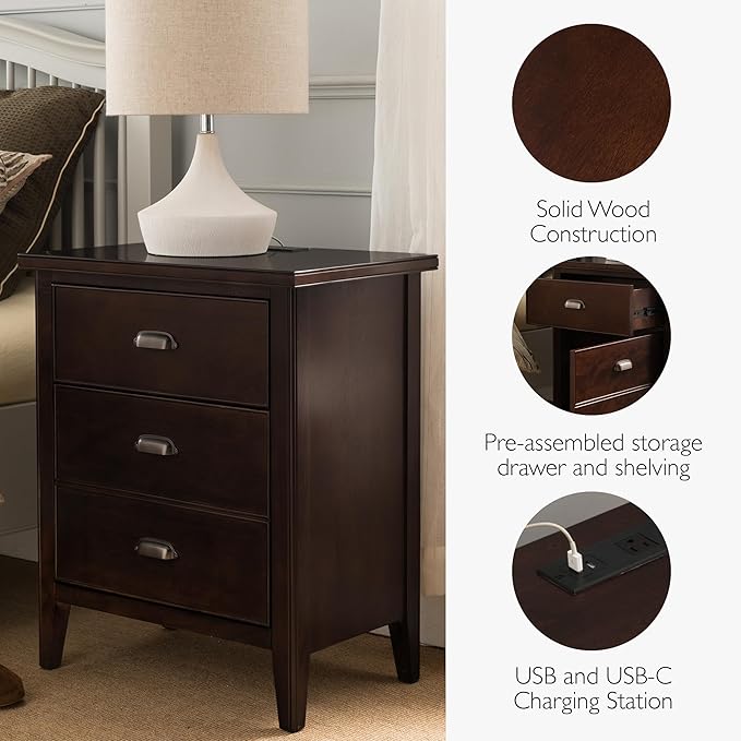 Leick Home Laurent Side Table Nightstand with USB-C Charging Station, Solid Wood, Perfect for Bedrooms, Living Rooms, and Small Spaces, 16"D x 24"W x 28"H, Chocolate Cherry Brown