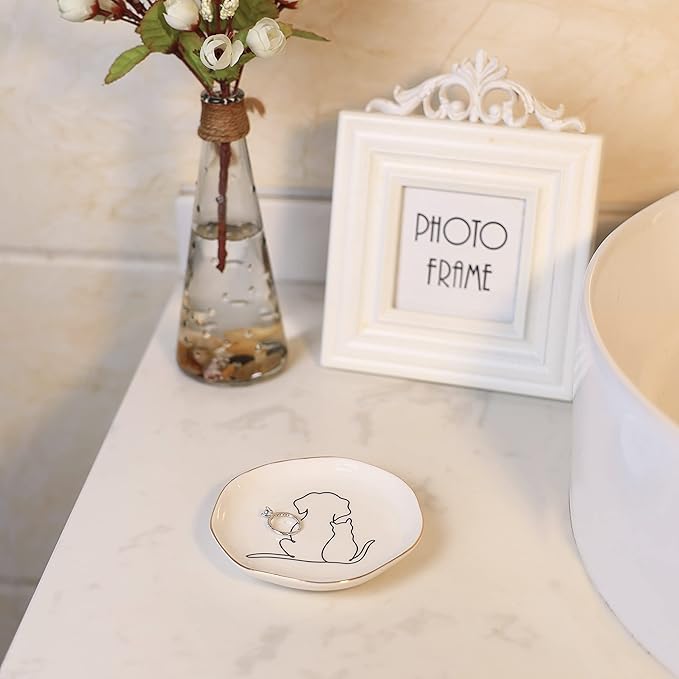 HOME SMILE Sleeping Dog Ring Dish Jewelry Tray, Christmas Gifts for Dog Mom, Ceramic White, 4"