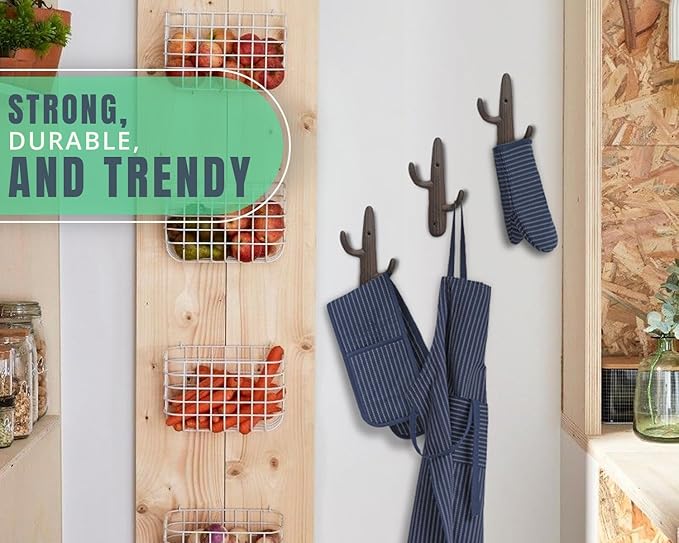 Comfify Set of 3 Hooks Cast Iron Cactus Double Wall Mounted Hooks/Hangers - Decorative Wall Mounted Hooks for Coats, Bags, Towels and More - w/Screws and Anchors Included - Brown