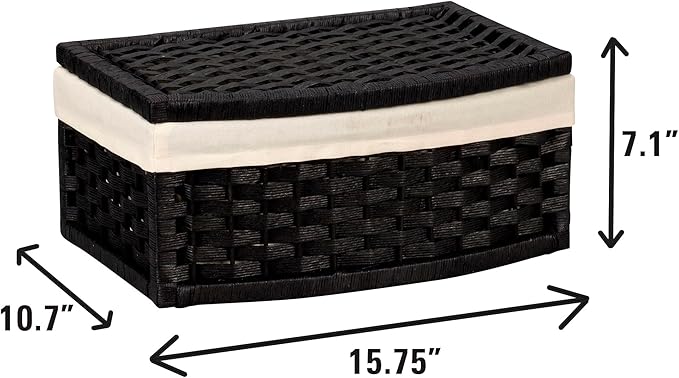 Household Essentials Hand-Woven Paper Rope Basket with Lid and Liner, Black Stain