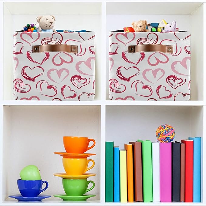 Pink Love Large Foldable Storage Basket,Valentines Day Storage Bin Fabric Collapsible Organizer Bag with Handles 15x11x9.5 inch
