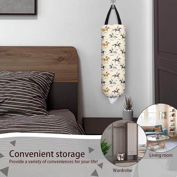 Horse Racing Plastic Bag Holders Wall Mount Hanging Shopping Trash Bag Storage Organizer Grocery Bags 2PCS Hanging Plastic Bag Pouch