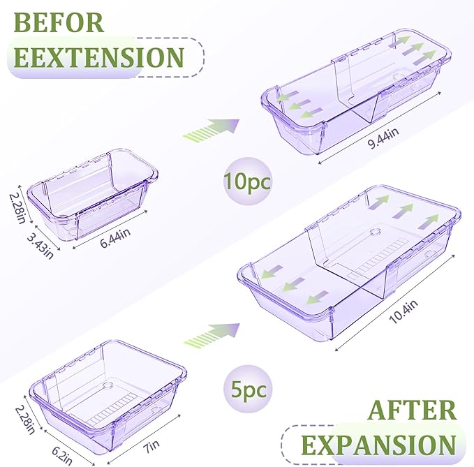 15 Pcs Adjustable Clear Drawer Organizer, All Extendable Vanity Storage Bins, Desk Drawer Organizer Set for Makeup, Cosmetics, Bedroom, and Gadgets, Purple