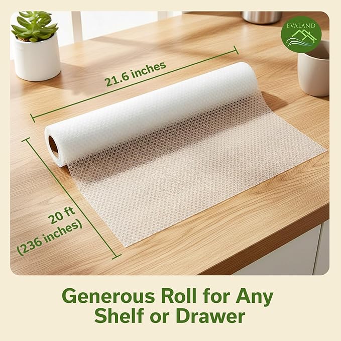 EVALAND Shelf Liners for Kitchen Cabinets Non-Adhesive 21.6" x 20 FT Clear Drawer Liner Non Slip, Washable Cabinet Liner, Waterproof Shelf Liners for Cabinets, Refrigerator Bathroom Pantry - Thickened