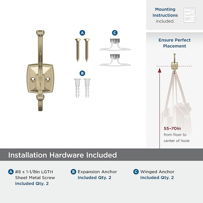 Amerock H37002BBZ | Kinsale Double Prong Decorative Wall Hook | Golden Champagne Hook for Coats, Hats, Backpacks, Bags | Hooks for Bathroom, Bedroom, Closet, Entryway, Laundry Room, Office