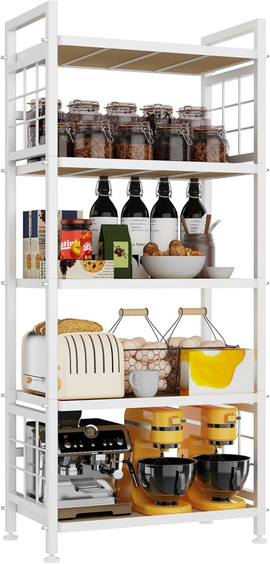 GIOTORENT 5-Tier Kitchen Storage with Wooden Boards, Heavy Duty Storage Shelves & Bookshelf, Adjustable Metal Shelving Unit for Garage Kitchen Bathroom Laundry Organizer, 750LB Capacity, White