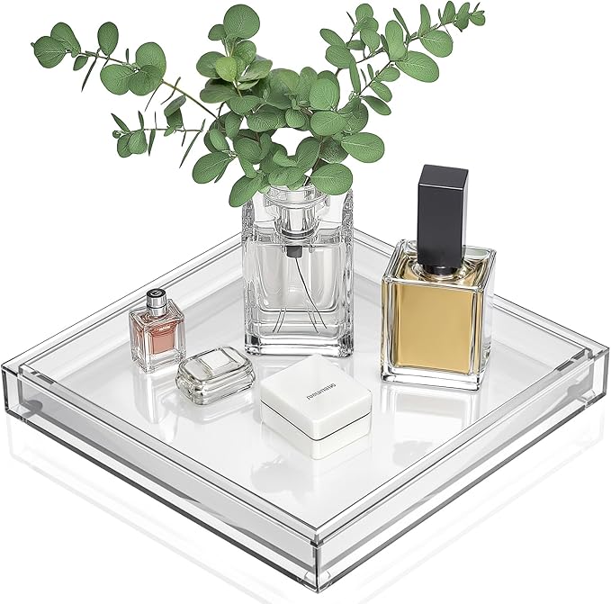 Clear Acrylic Tray - 10"x10" Multipurpose Square Decorative Tray for Perfume Display & Serving, Bathroom Sink Vanity Organizer Tray for Bathroom, Vanity, Coffee Table, Living Room Decor