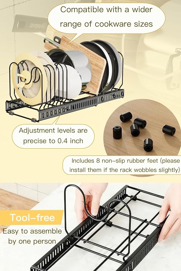 Pot and Pan Organizer for Cabinet & Drawer, Expandable Pan and Lid Rack with Handle Support Bar, Adjustable Cookware Storage for Pots, Lids, Bakeware