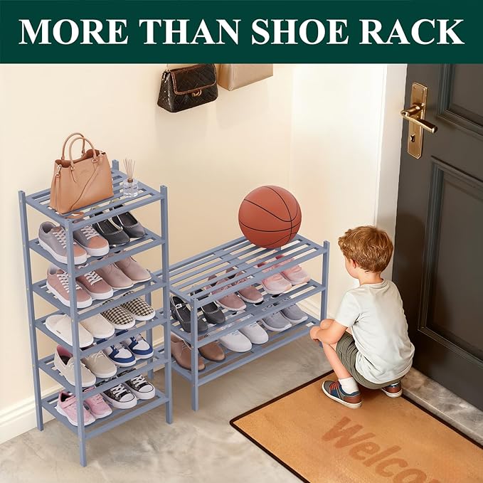 Smiry Small Bamboo Shoe Rack 3-Tier, Stackable Wooden Shoe Organizer for Entryway & Closet, Free Standing Wood Shoe Storage Shelf for Front Door & Small Spaces, Grey