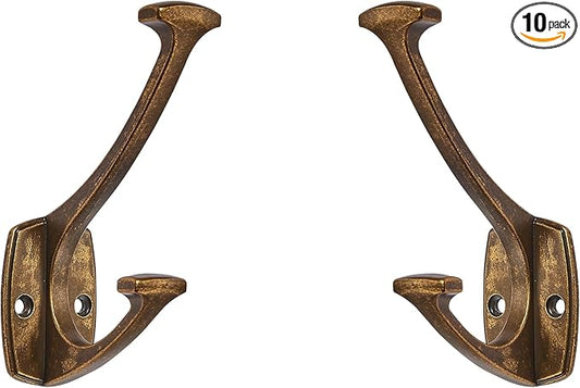 10 Pack Antique Brass Hooks Decorative Heavy Duty Solid Large Coat Hooks for Towel Hanging Coats Robe Wall Mounted Towel Bags Door Back Bathroom Wall Hook.