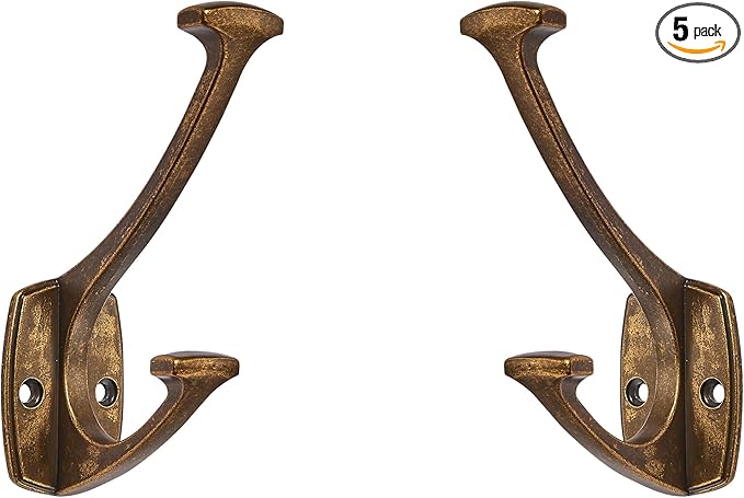 5 Pack Antique Brass Hooks Decorative Heavy Duty Solid Large Coat Hooks for Towel Hanging Coats Robe Wall Mounted Towel Bags Door Back Bathroom Wall Hook.