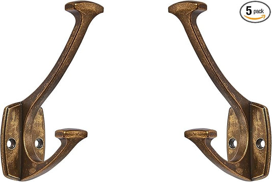 5 Pack Antique Brass Hooks Decorative Heavy Duty Solid Large Coat Hooks for Towel Hanging Coats Robe Wall Mounted Towel Bags Door Back Bathroom Wall Hook.