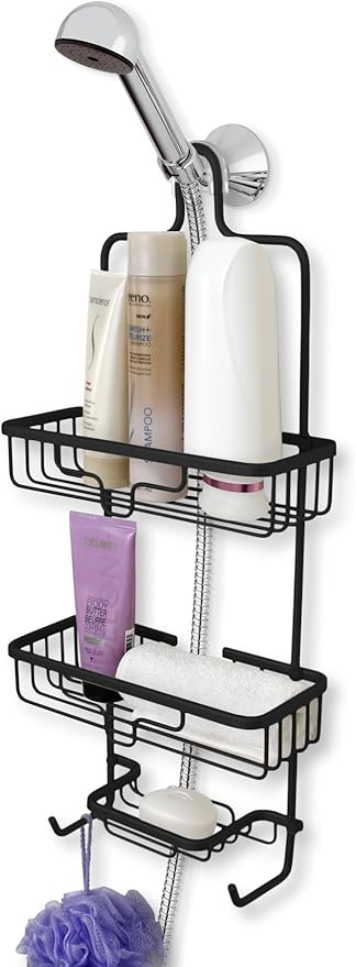 Splash Home Aluminum Kohala Bathroom Hanging Head Two Basket Organizers Plus Dish Shower Caddy, 24 x 5 x 11 Inches, Matte Black