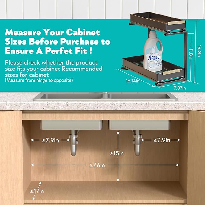 AndUp Under Sink Organizer, 2 Tiers Pull Out Bathroom Organizers and Storage, Slide Out Cabinet Organizer Shelf for Kitchen Bathroom, Multi-Purpose Collection Organizer Drawer Shelf (Gray, 2pcs)
