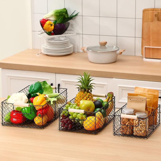 Honeydak 3 Set Wire Basket for Organizing with Wooden Handle Vintage Style Rectangle Mesh Metal Basket Food Storage Organizer for Home Kitchen Pantry Bathroom Picnic Cabinets(Black)