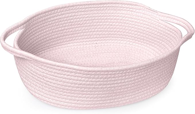 Pink Small Woven Basket, 13â x 9â x 5â Baskets for Gifts Empty, Cotton Rope Gift Basket, Cute Nursery Baby Organizer, Cat Dog Toy Bin Box, Wicker Storage Bin with Handle