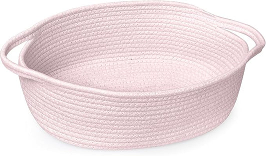 Pink Small Woven Basket, 13â x 9â x 5â Baskets for Gifts Empty, Cotton Rope Gift Basket, Cute Nursery Baby Organizer, Cat Dog Toy Bin Box, Wicker Storage Bin with Handle